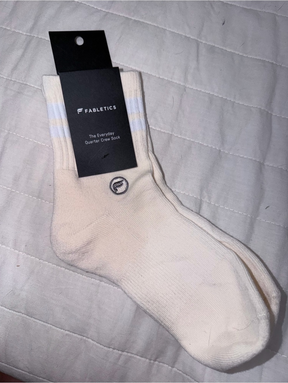 Fabletics Bone Quarter Crew Socks with White Stripe